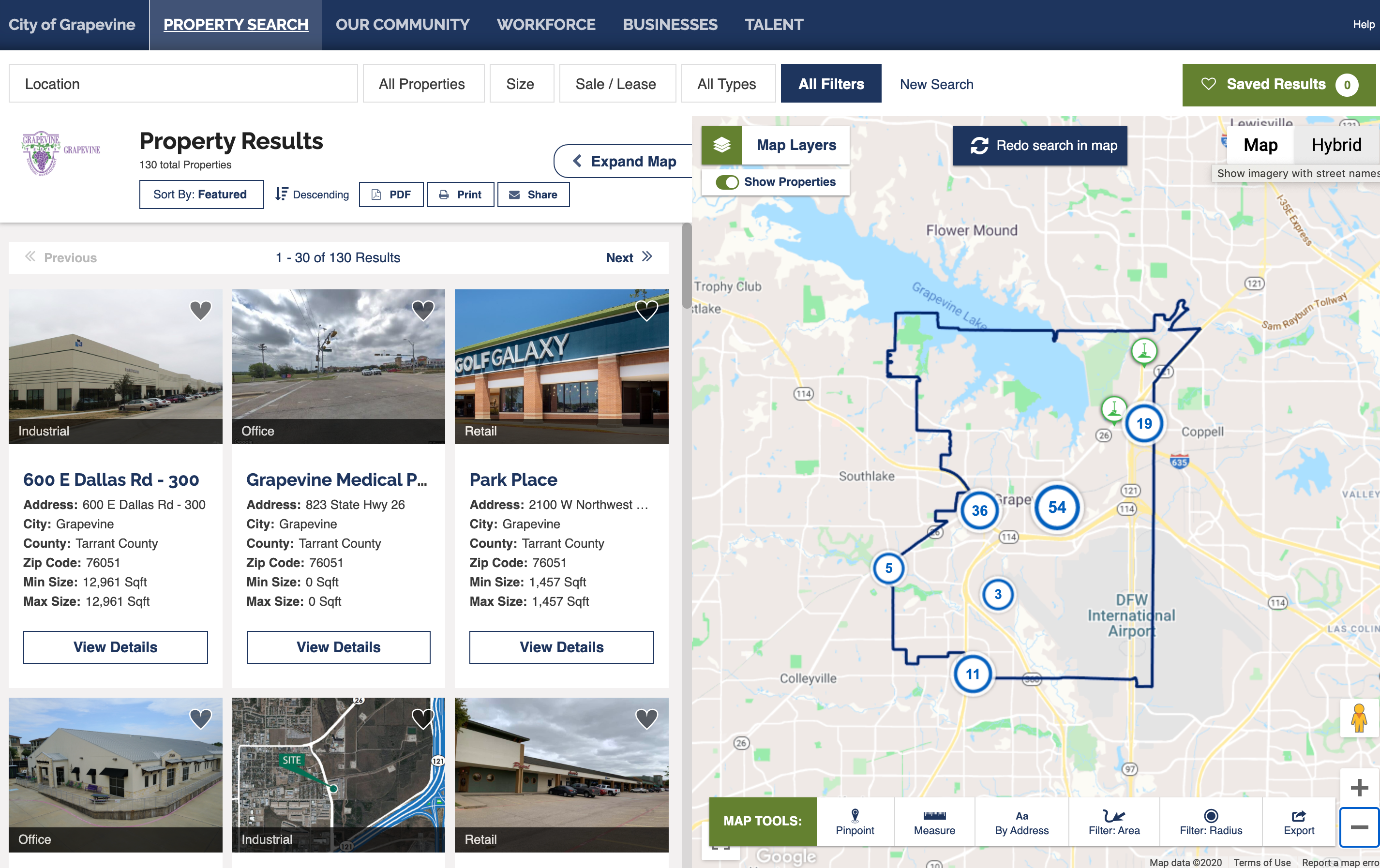 Grapevine Texas online GIS data tools for economic development corporate site selection